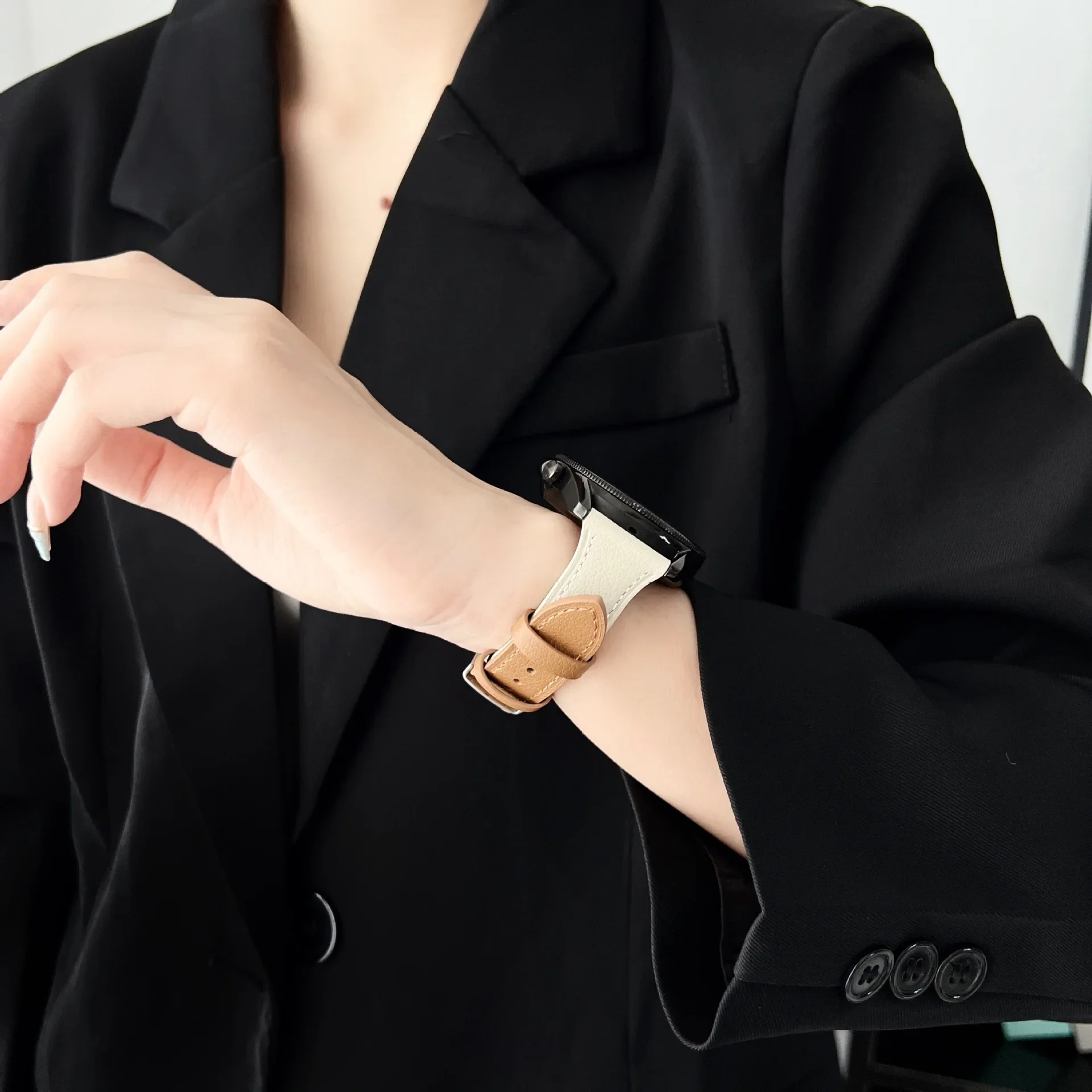 Color Block Genuine Leather Watch Band Suitable For Samsung Watch3/GT3/Huawei Motorcycle Electronic Accessories Replacement