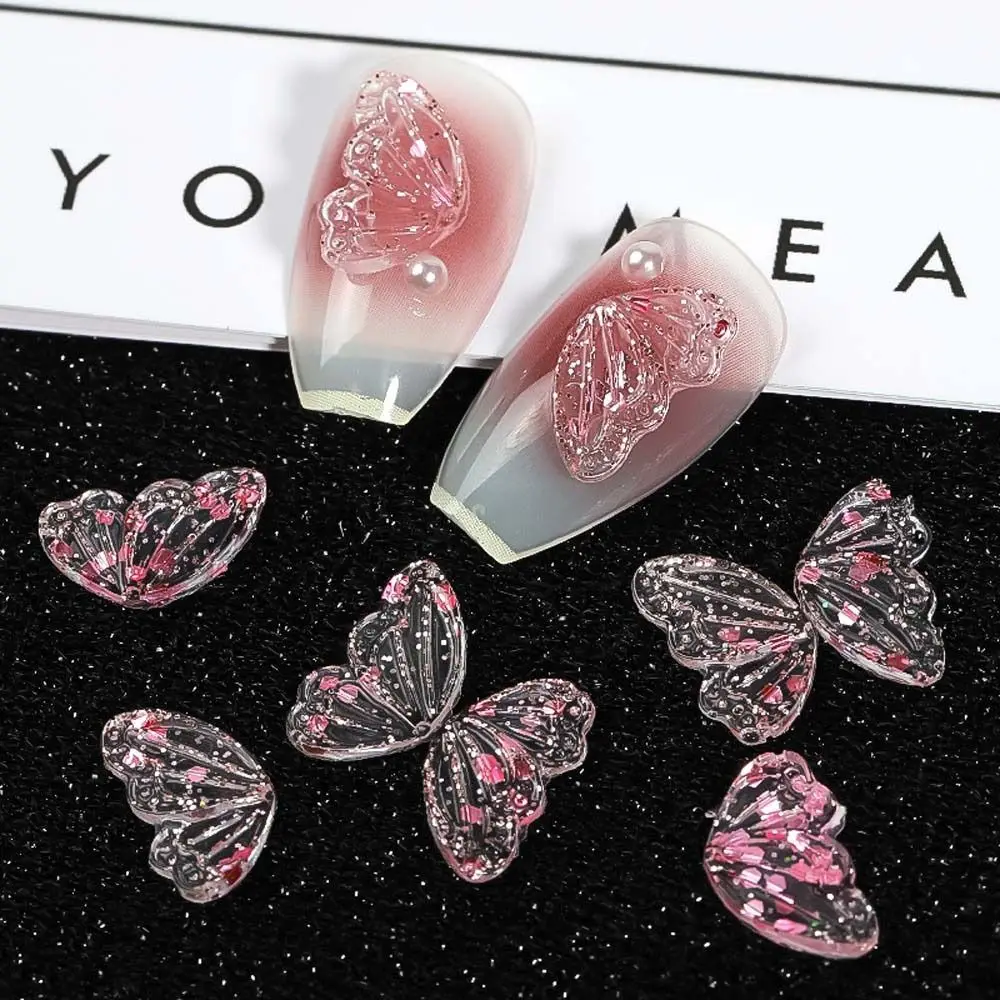

20Pcs Cute Pink Transparent Resin Nail Decorations Korean Butterfly Half Wing 3D Nail Drills Fashion Fingernail Rhinestones