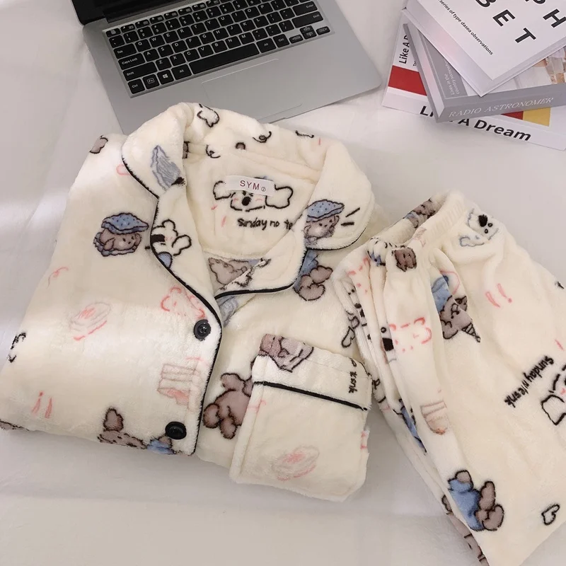 Coral Fleece Pajamas Women Autumn and Winter Fleece-lined Thickened Warm Flannel Cute Cartoon Plus size 00.00kg Homewear