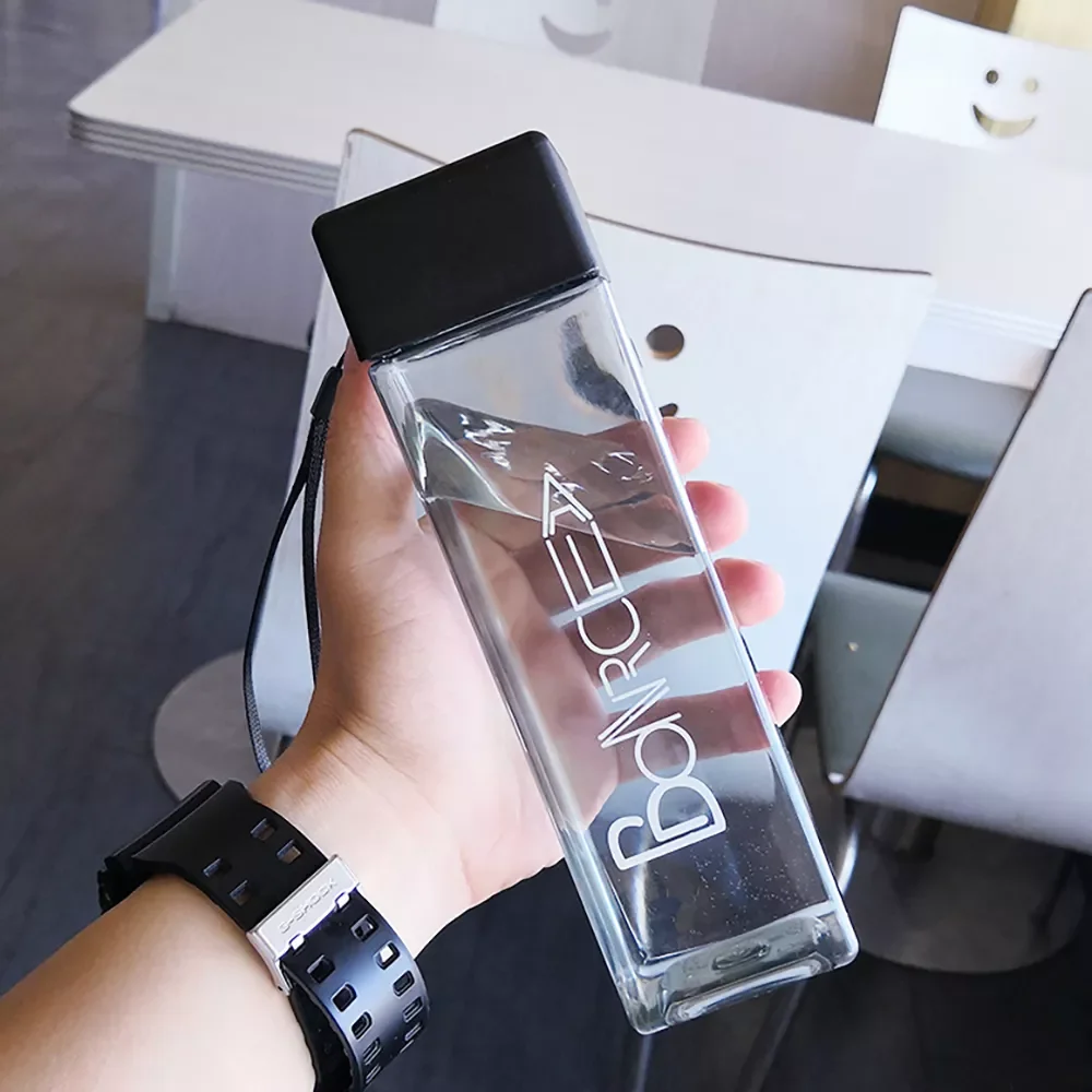 

2022New Travel Plastic Square Cup Heat-Resistant Transparent Sports Simple Fashion Bottle Letter Clear Cute Water Bottle