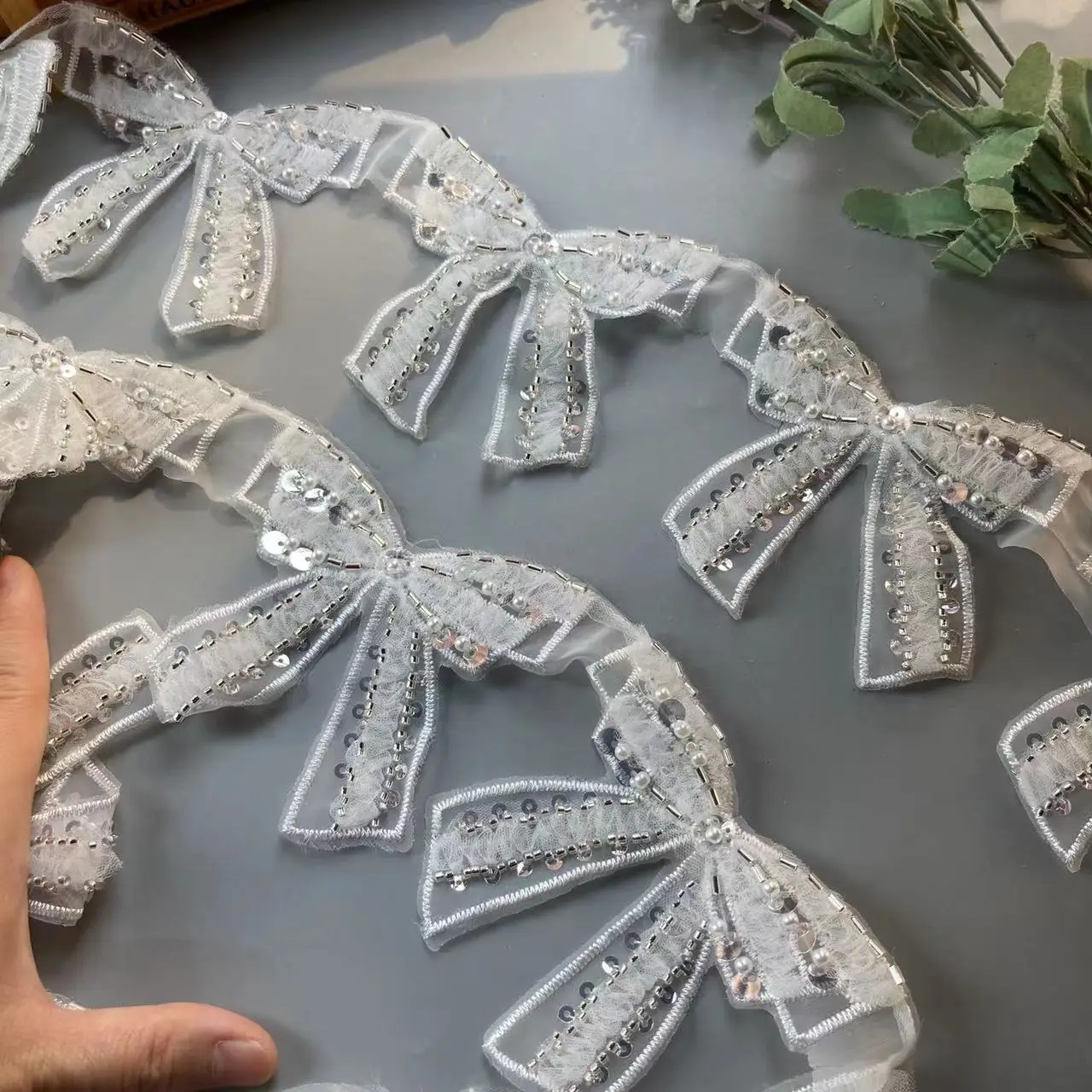 1 ярд 10x9 см алмазный бант жемчужная вышитая кружевная отделка лента ткань шитье