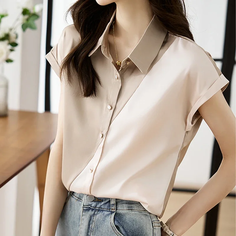 Женский офисный топ с коротким рукавом атласная блузка контрастных цветов