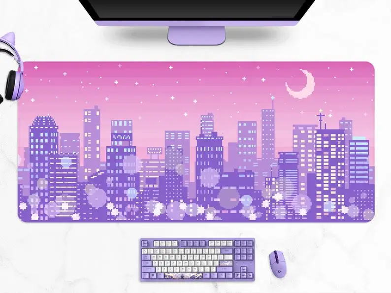 

Retro vaporwave desk mat, 90s anime, pastel pink/purple/lilac pixel art, Japan Tokyo Skyline Spring in Kyoto mouse pad, XXL gami