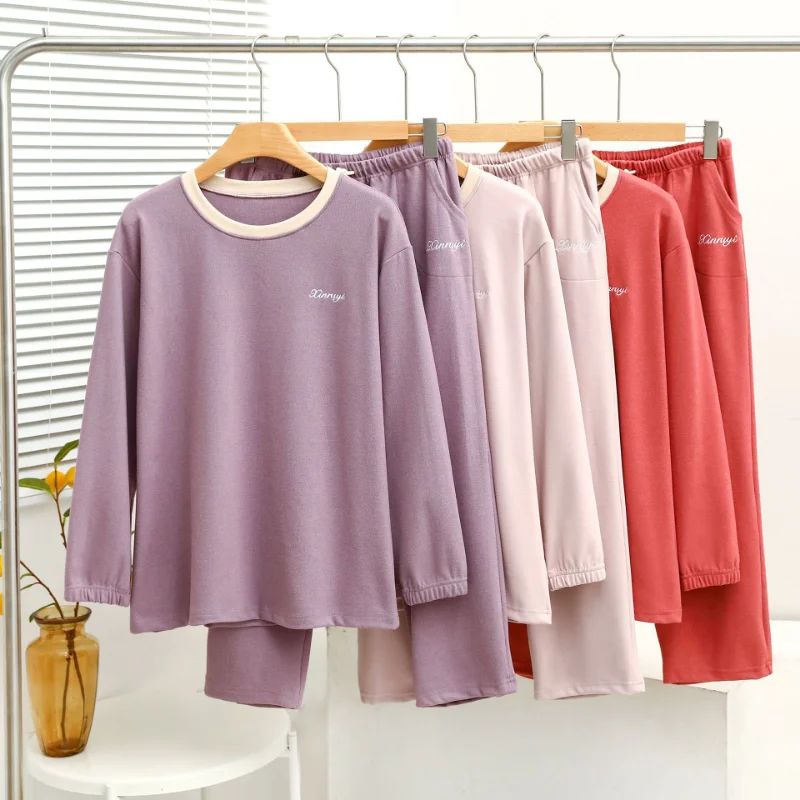 Winter Women Home Clothes Pajamas Toothpick Strips Velvet Round Neck Contrast Deep Pocket Long 2-piece Set Sleep Wear Sleepwear