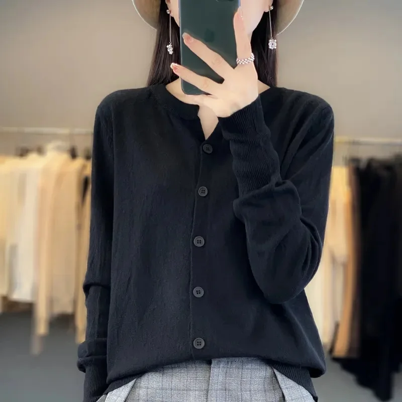 Женский однобортный Кардиган с круглым вырезом однотонный вязаный кашемировый