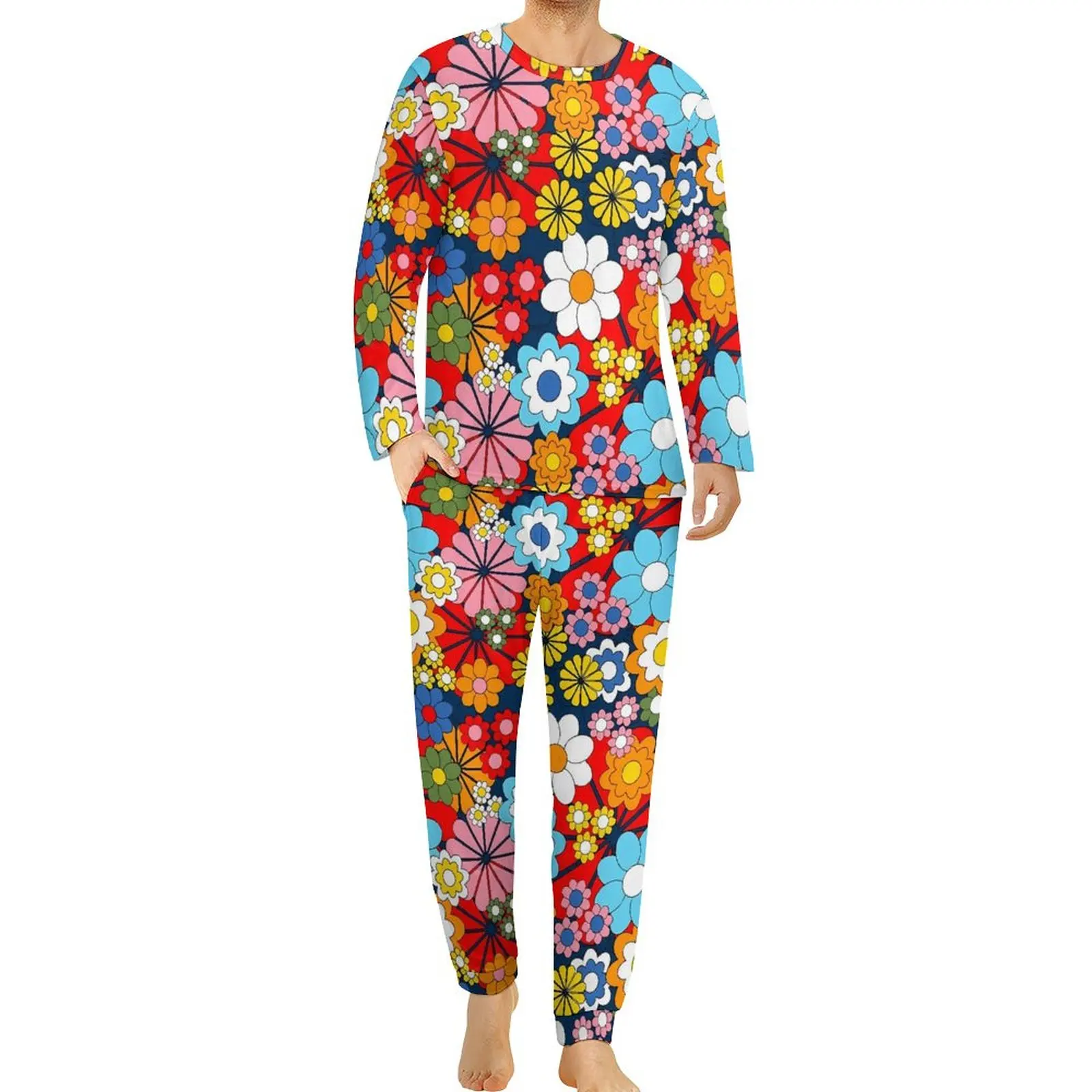 

Colorful Floral Pajamas Long-Sleeve Retro Flowers Print 2 Pieces Casual Pajama Sets Daily Mens Design Lovely Big Size Nightwear