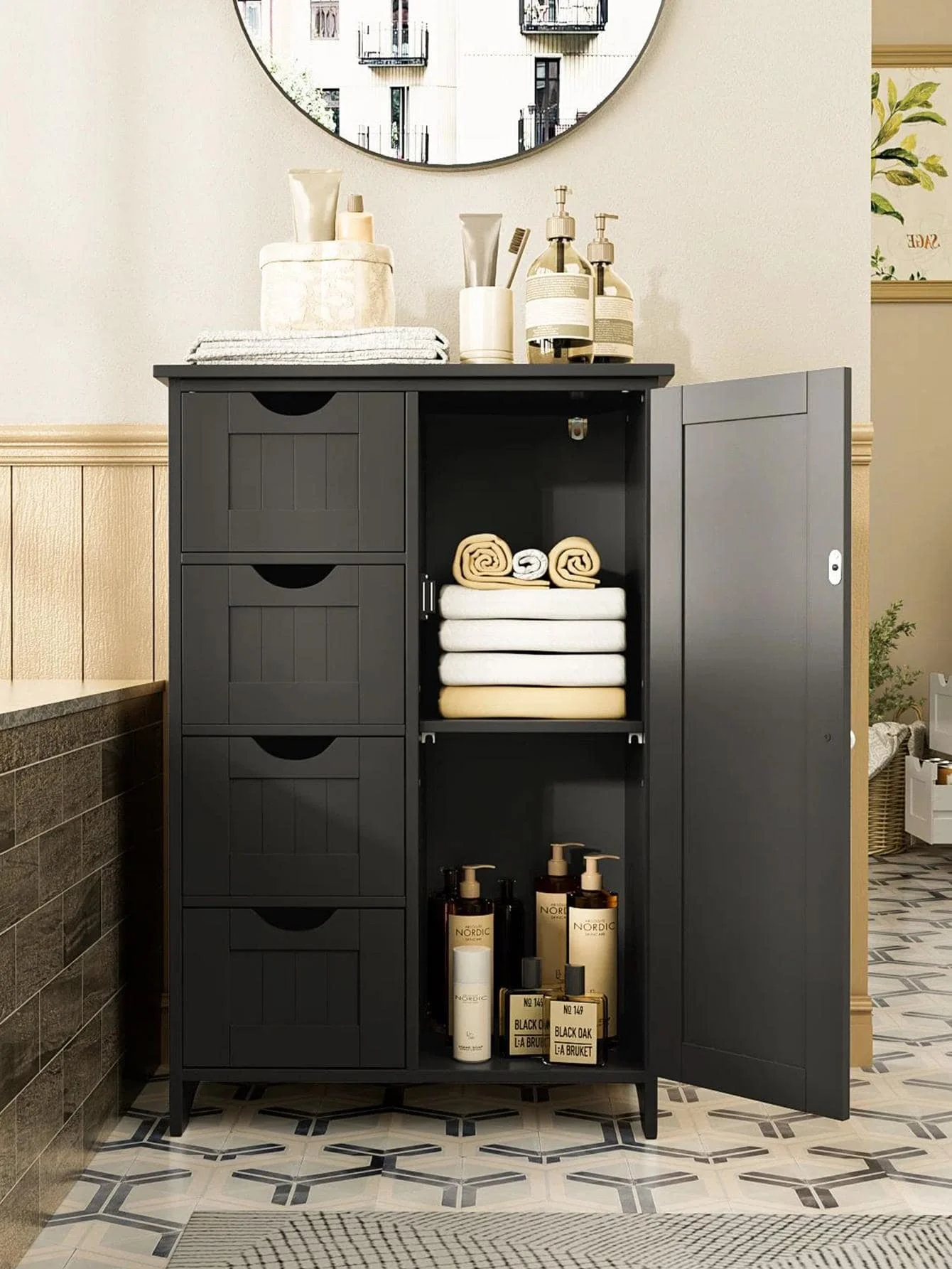 

1pc MDF Waterproof Free-Standing Cabinet with 4 Hollow Handle Drawers