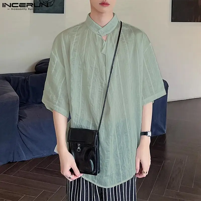 Топы INCERUN 2024 мужские прозрачные полосатые рубашки в Корейском стиле модная