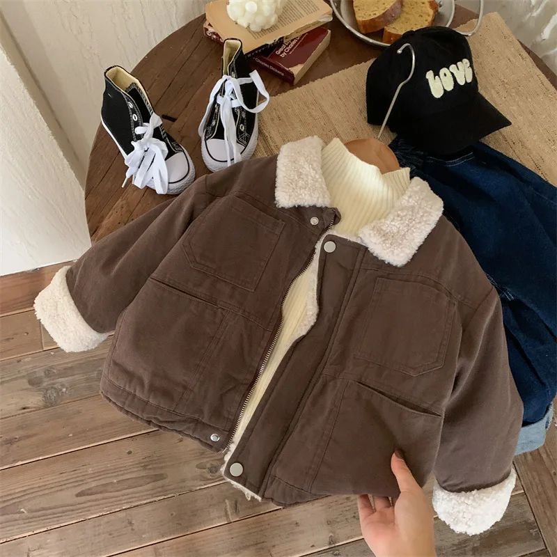 

Children's Coat Autumn And Winter Boys Korean Style Velvet Zipper Clothes Children's Lapel Top Jacket