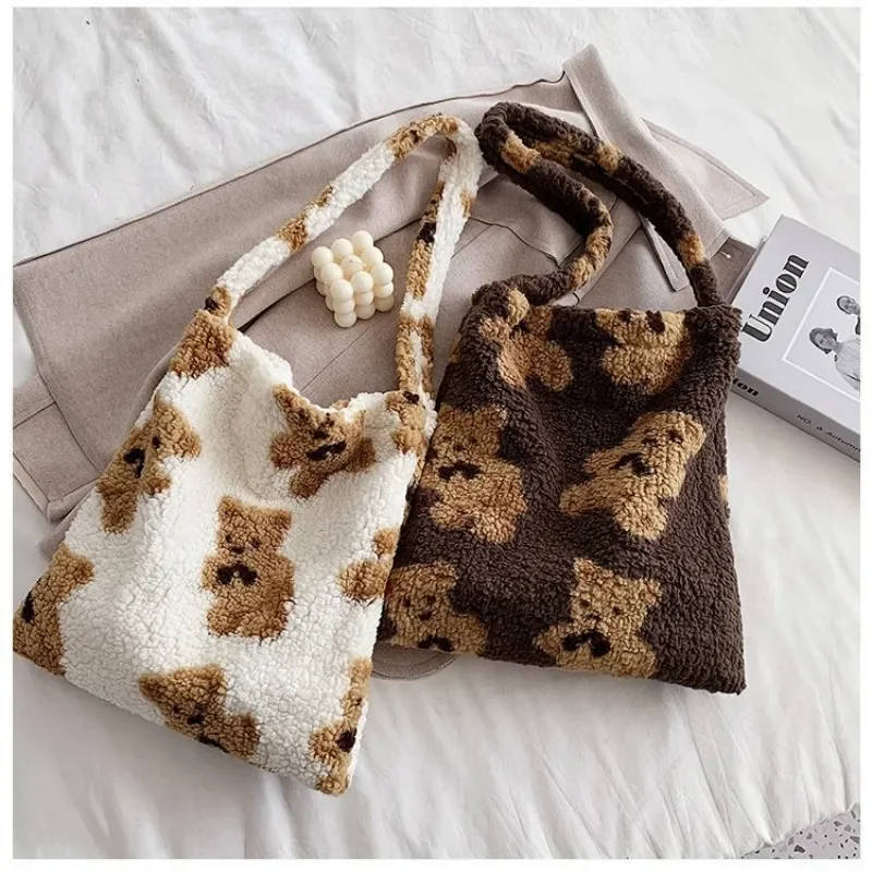 

Women Soft Lamb Shoulder Fur Bag Large School Bear Canvas Tote Bags Handbags Fabric Cute Bag Fluffy Girls Like Capacity Shopping