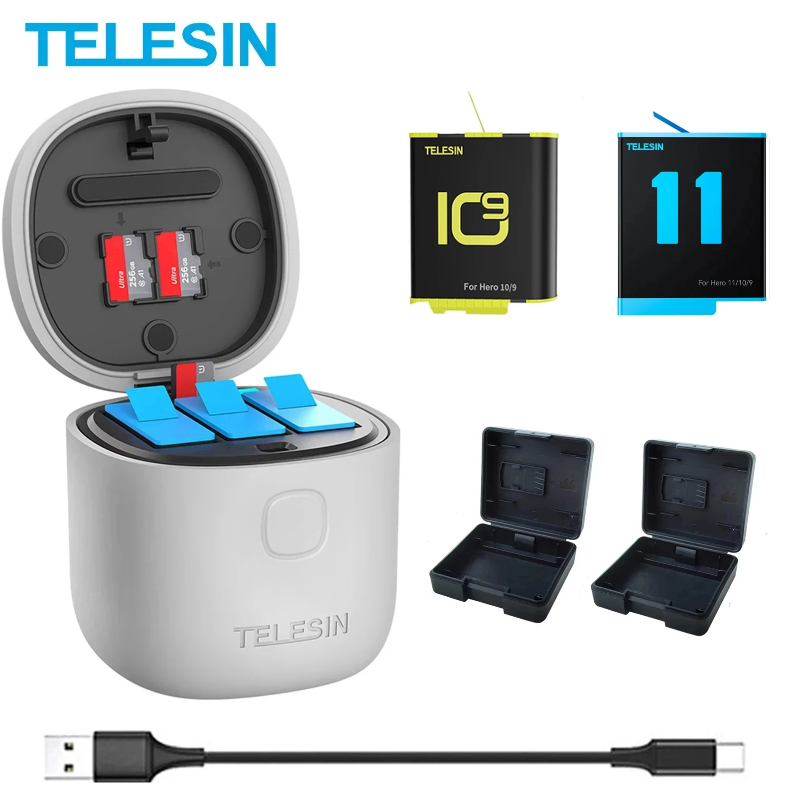 TELESIN 3Pack Battery 1750mAh GoPro 11 10 9 3 Slots Charger TF Card Reader Storage Charging Box for Go Pro Hero 11 10 9 Black