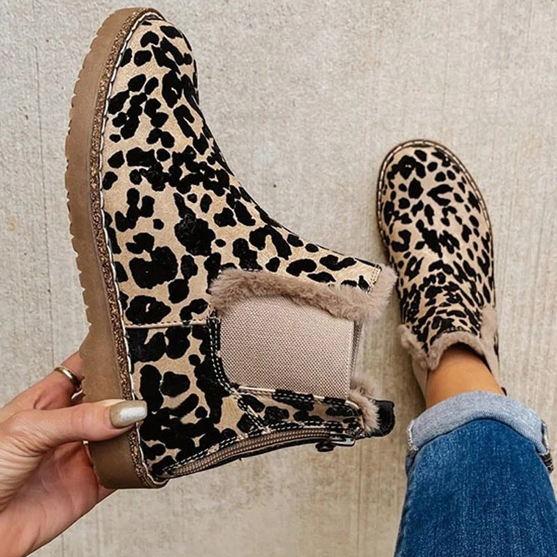 

Леопардовые Ботинки Челси, женские плюшевые теплые ботильоны на платформе, Классическая дизайнерская обувь, женская модная черная, коричне...