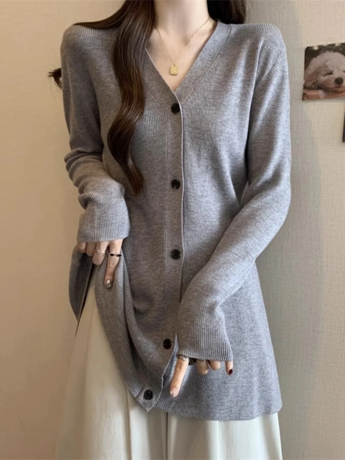 Plus size Autumn and Winter Long sleeve Design Sense Mid-Length V-neck Knit cardigan Women Chubby Girl Slimming Slim fit Bott...