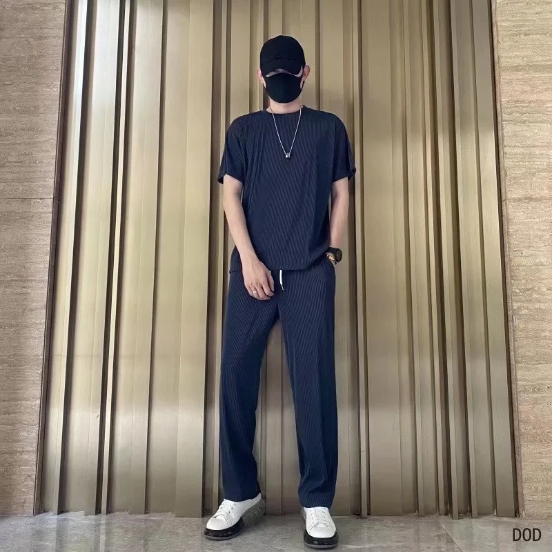 Men's 2023 summer fashion loose large size ice silk suit classic crewneck casual solid color high-quality two-piece set M-5XL