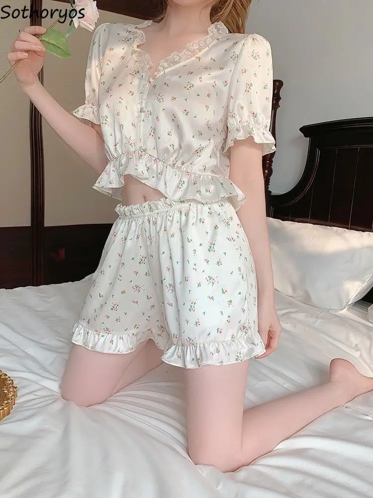 

Pajama Sets Women Floral Retro Design Summer Cozy Sexy Lace Stylish Ulzzang Crop Ins Ladies Sleepwear V-neck Sweet Casual Folds