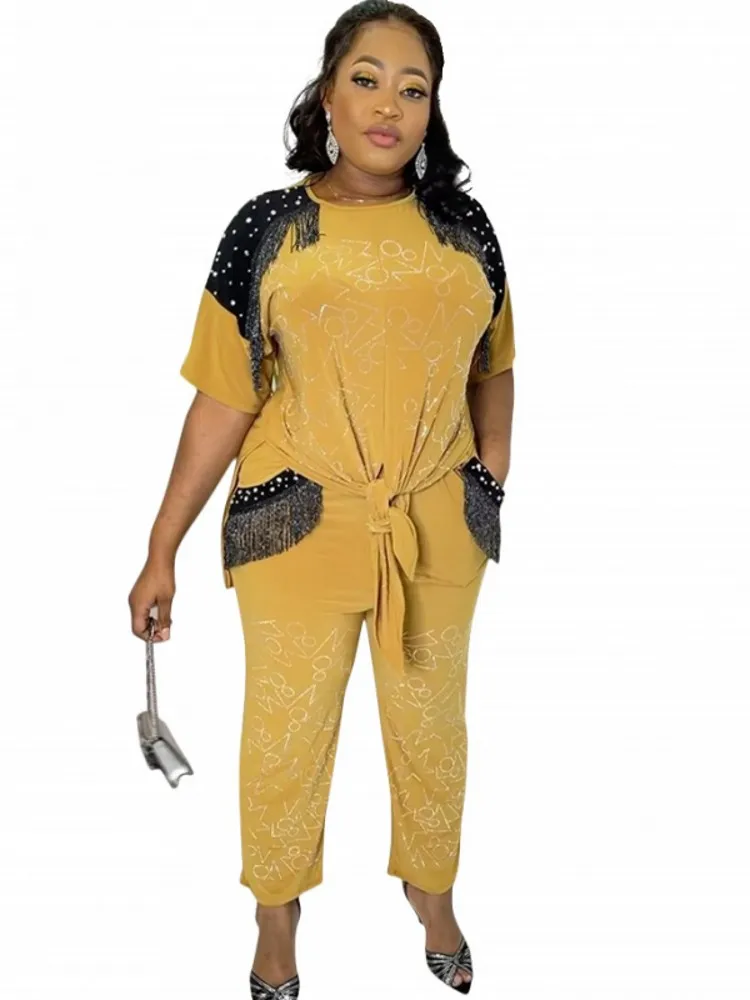 

Plus Size Women 2 Piece Set Lace Up T Shirt Tops And Pant Suits Sets 2022 Summer New Fashion Splice Tassel Loose Casual Outfits