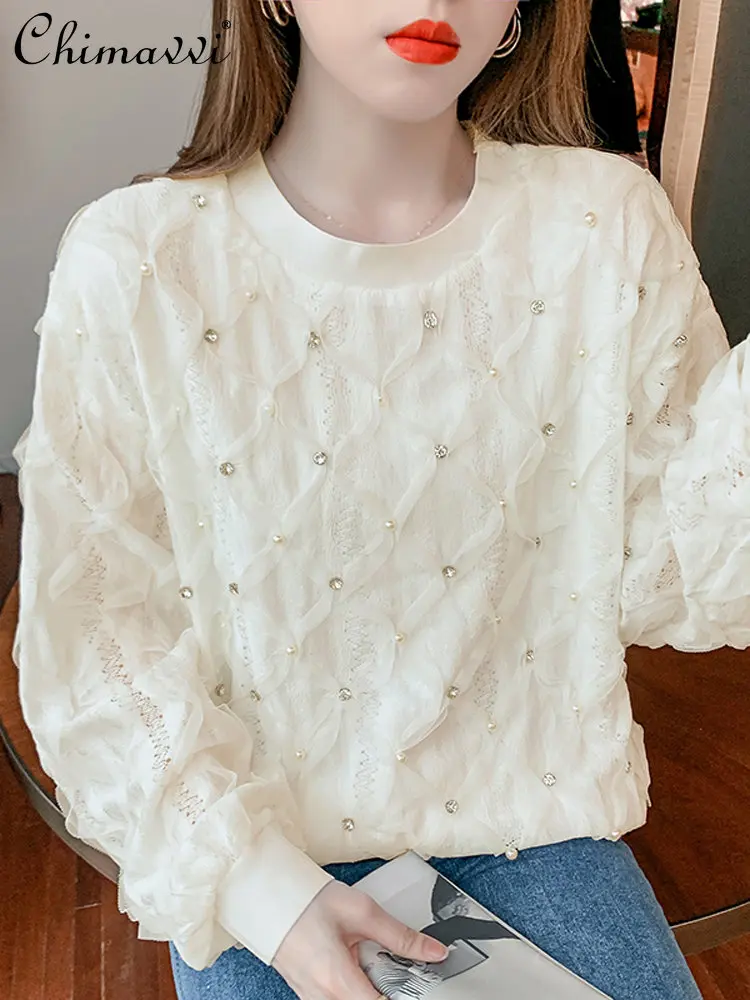 

Female New Trendy Sweet Beads Round Neck Sweatshirt Women's 2023 Spring New Fashionable Loose Slimming Long Sleeve Hoodie Top