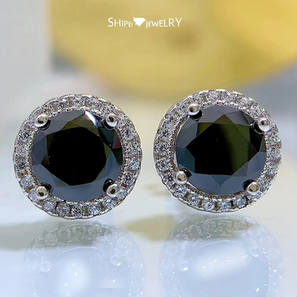 

Shipei Classic 925 Sterling Silver 1CT Round Black High Carbon Diamond Gemstone 18K Gold Plated Ear Studs Earrings Fine Jewelry