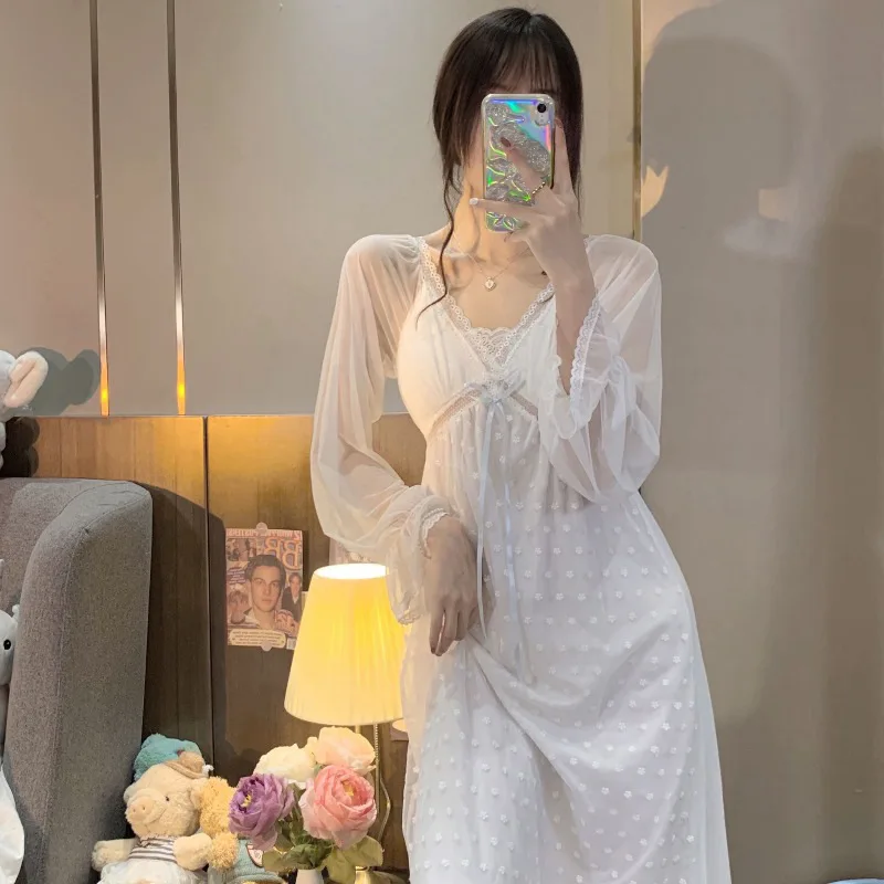 Lace Hollow Out Nightgown With Breast Pads Women Sleep Dress Summer Perspective Nightwear Kimono Dressing Gown Lounge Wear