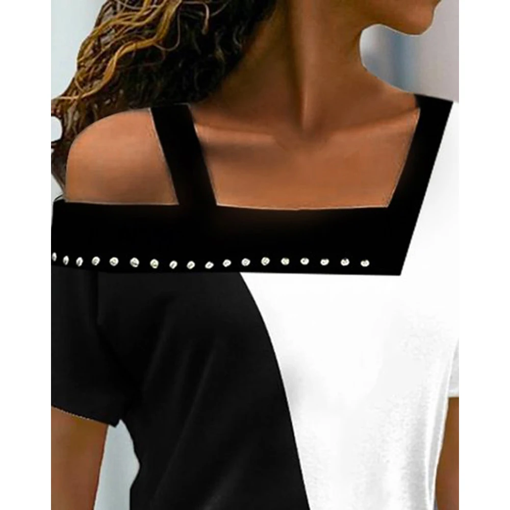 

Женская Повседневная футболка с коротким рукавом, Асимметричный топ с открытыми плечами, с цветными вставками, весна-лето 2022