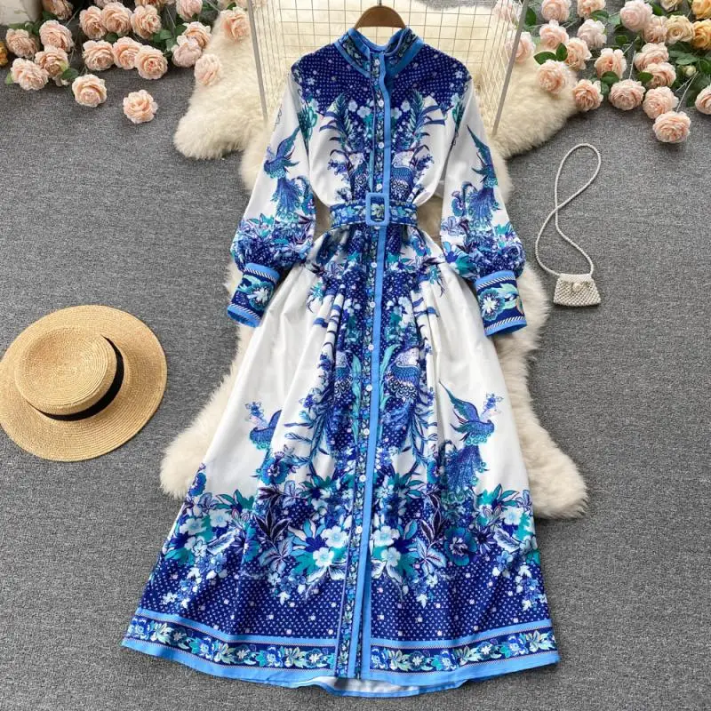 

Aibeautyer New Casual Spring Autumn Floral Print Button Lady Full Dress A Line Stand Collar Chiffon Single Breasted Dresses