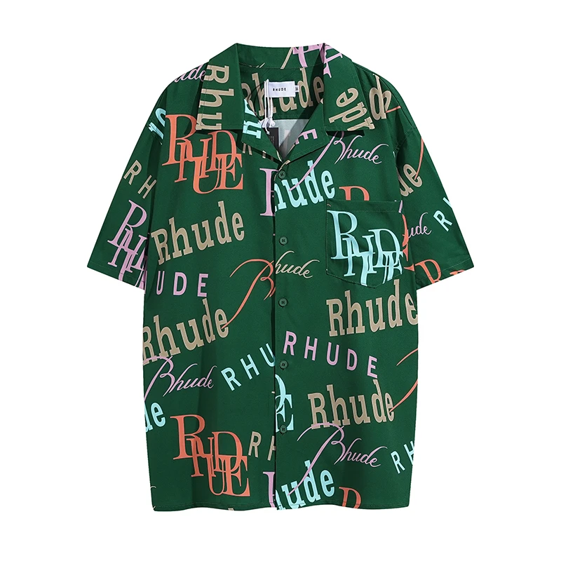 

Thin Fabric Green Rhude Shirt Men Women High Quality Full Color Rhude Logo Print Beach Style Hawaii Short Shirts Top Tees
