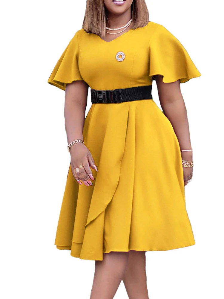 Summer new women's horn sleeve solid color large  plus size dresses plus size women clothing