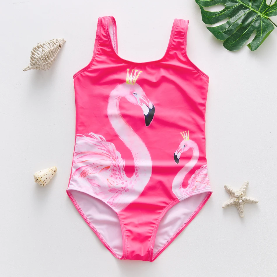 

Женский слитный купальник с принтом фламинго, милые летние купальники для маленьких девочек