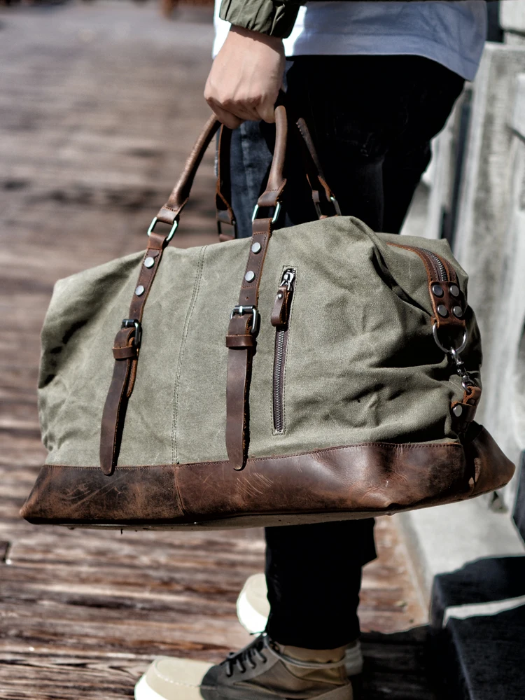 

Large-Capacity Men'S Portable Travel Bag European And American Waterproof Oil Wax Canvas Messenger Luggage Cowhide Handbags New