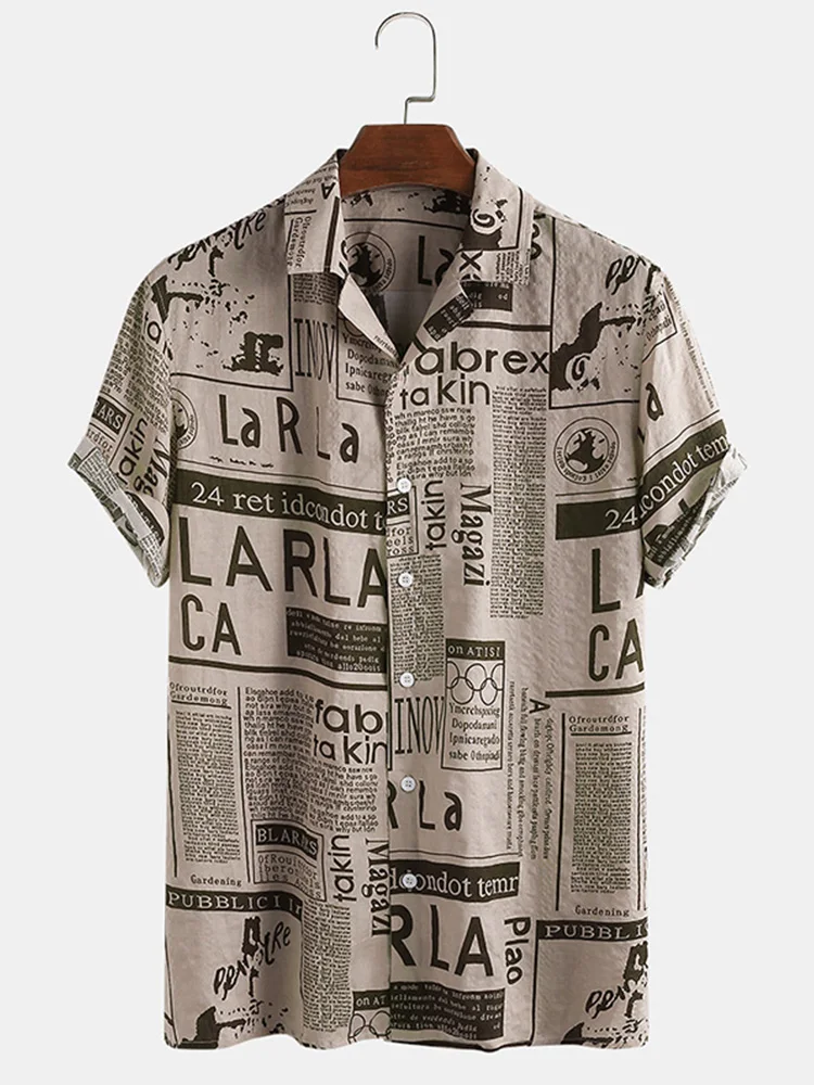 CharmkpR New Men 65% Cotton Fun Newspaper Printing Casual Streetwear Male Hot Sale Holiday Comfortable Short Sleeve Shirts M-3XL