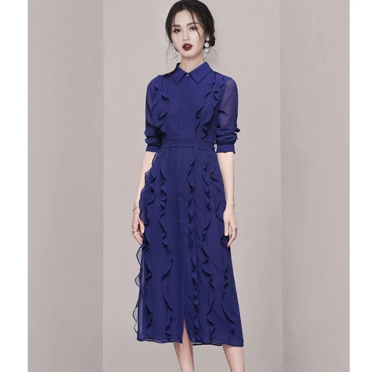 

Женское шифоновое платье-рубашка, Элегантное однобортное длинное платье-рубашка с длинным рукавом и многослойными оборками, праздничное п...