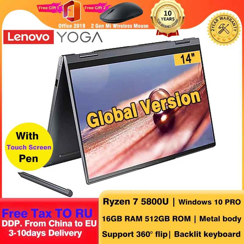 2022 Lenovo YOGA 14c Laptop R7 5800U 16GB RAM 512GB SSD Ultrabook 360° Flip 14Inch Touch Screen Pen Notebook Backlit Keyboard