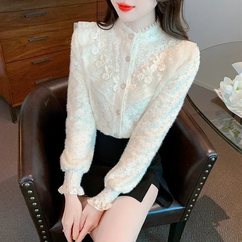 Новая кружевная женская рубашка с воротником-стойкой и длинным рукавом