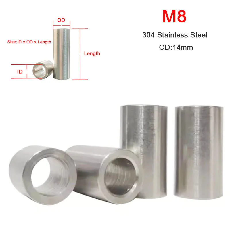 

ID 8 мм наружный диаметр 14 мм, стальная втулка, втулка из нержавеющей стали 304, шайба M8, круглая полая нерезьбовая прокладка, прокладка, втулка