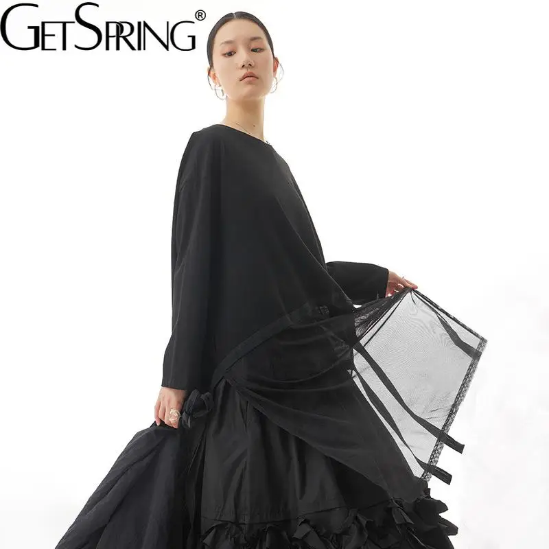 

Getspring Women Dress Fashion Long Sleeve Loose Casual Black Dress Mesh Spliced Ruffles Long Dress New 2022 Spring Summer