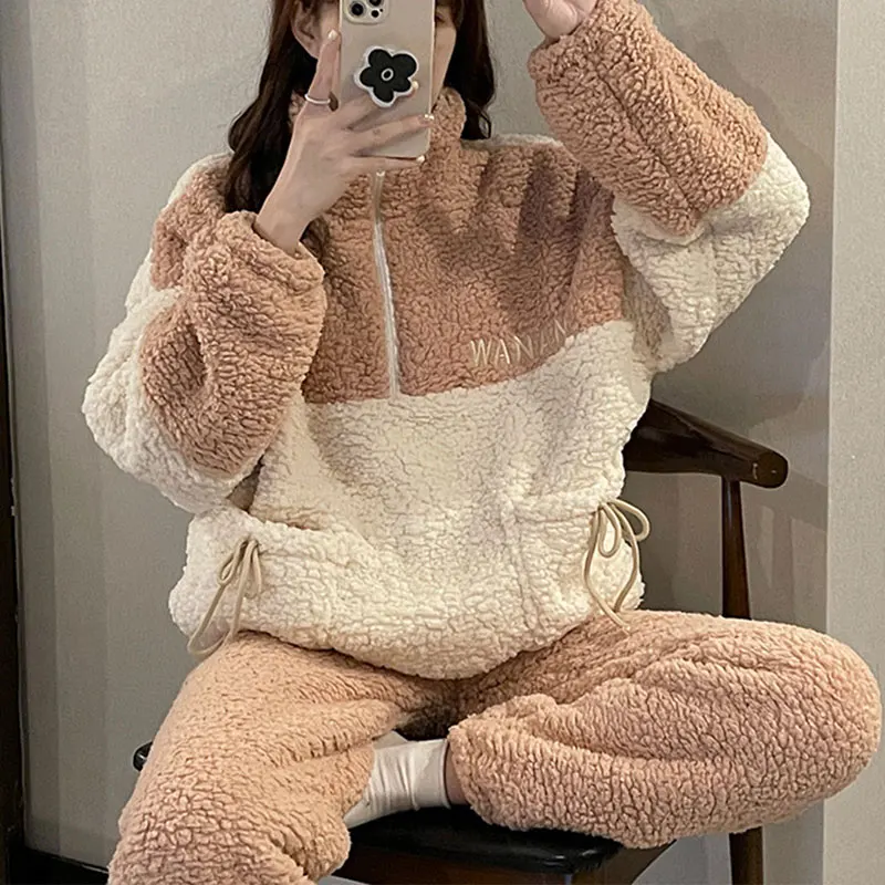 Pajamas Sets Women Coral Fleece Winter Thick Warm Flannel 2Piece /Set Pyjamas Suit Casual Nightwear Home Clothes Soft Sleepw