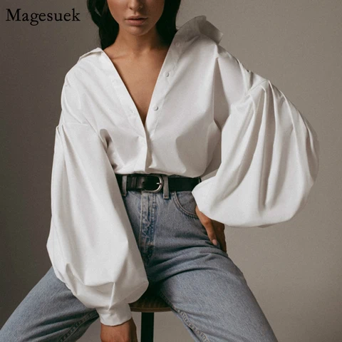 Casual Vintage Sexy Button White Blouse Women Lantern Sleeve Oversized Loose Women Shirt Cotton Office Ladies Tops Blusas 10903