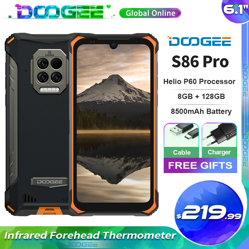 

Doogee S86 Pro IP68 Rugged Smartphone Helio P60 Global Bands 8500mAh 6.1'' 8GB+128GB Triple Camera thermometer Mobile Phone