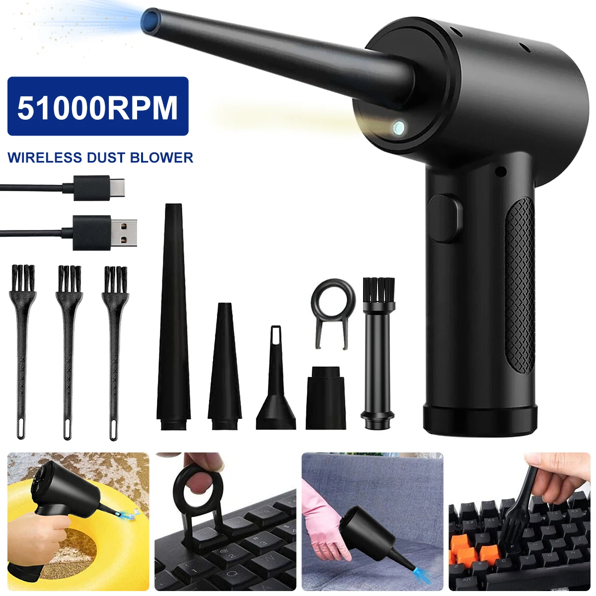 

Cordless Air Duster Portable Air Blower Reusable 51000 RPM Adjustable Electric Air Duster with Nozzle Dust Blowing Tool with LED