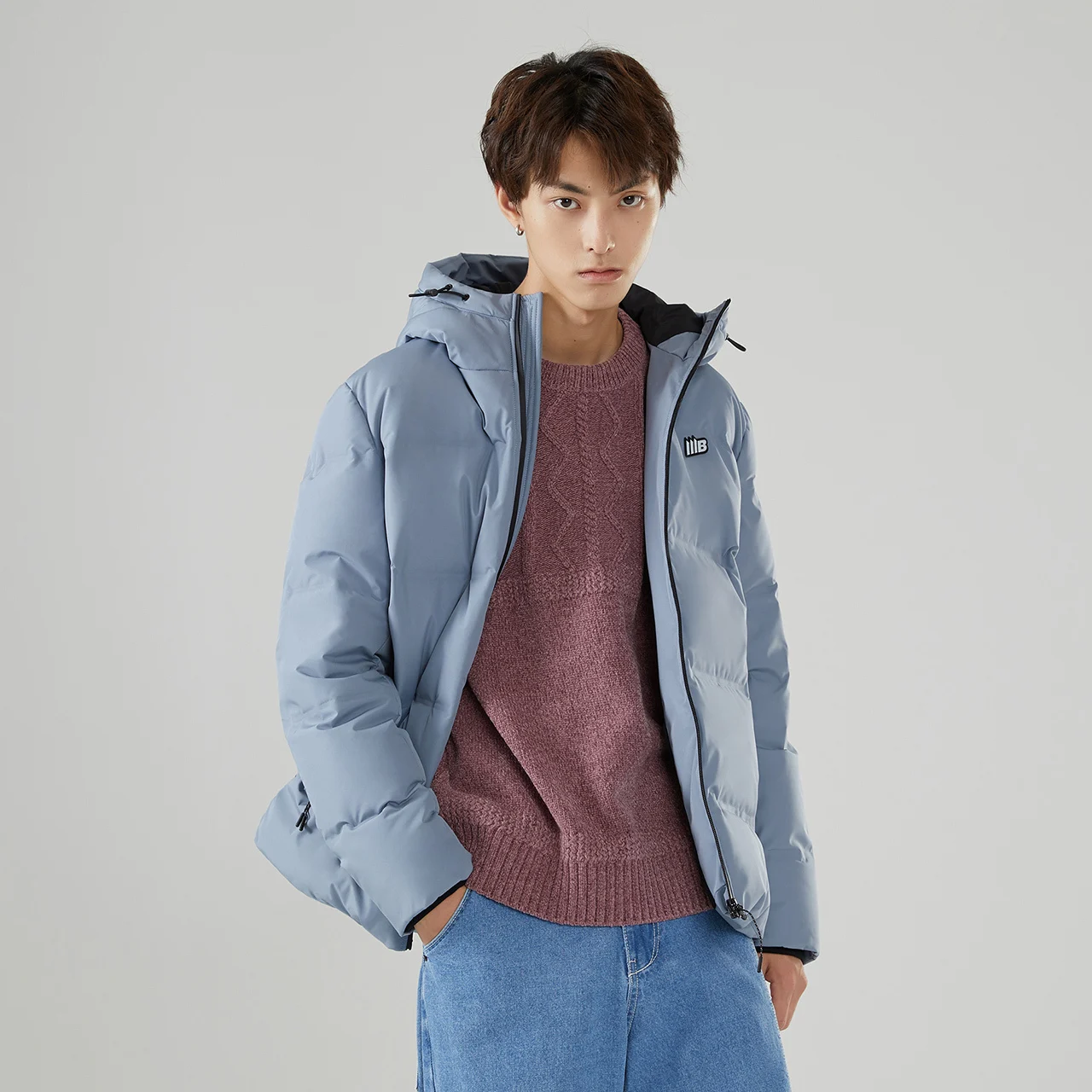 Metersbonwe Men's Solid Color Down Jacket  Winter Warm 90% Gray Hooded Duck Down Waterproof Zipper Short Man Simple Down Coat