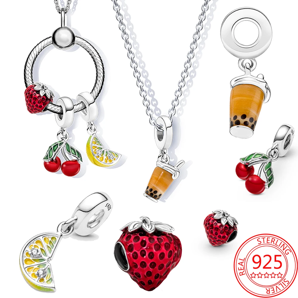 

Очаровательные бусины plata of ley 925 с изображением Фруктов лимона и клубники подходят для оригинального брендового браслета серебряные ювелир...