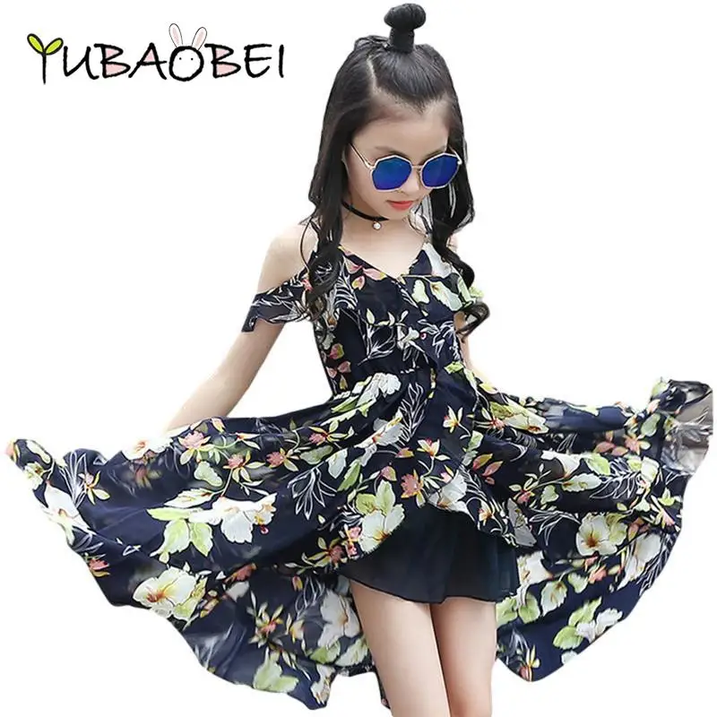 

YUBAOBEI Summer Girls Off Shoulder Dress Children's Bohemia Style Sleeveless Chiffon Flower Dress Clothes For Girls 12 Years Old