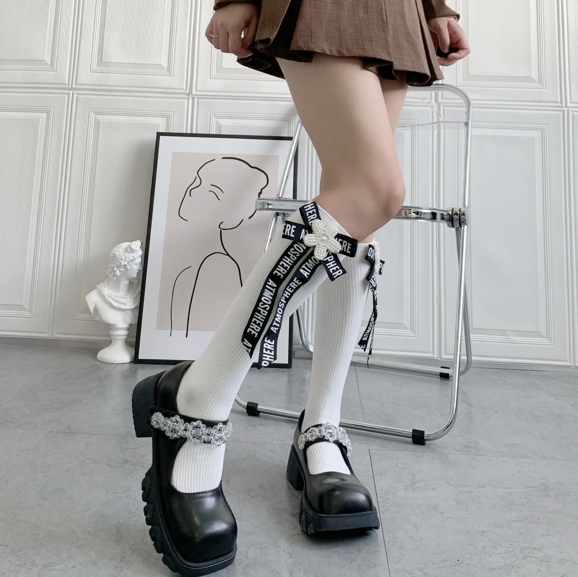 

Fashion Knee High Bow Socks White Lolita Solid Colors Thighs Pearl Stockings Spring Autumn For Womens