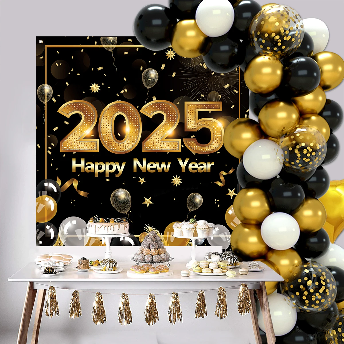 2025 черное золото с Новым годом фоны воздушные шары Добро пожаловать новогодние