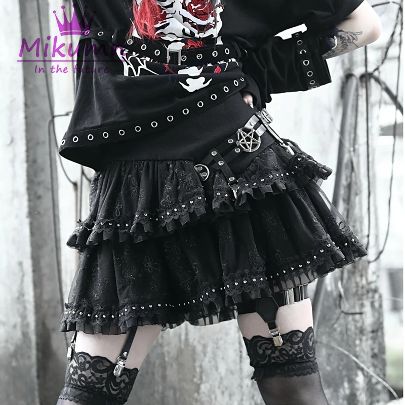 Gothic Punk Metal Buckle Rivet High Waist Black Grunge Cake Mini Skirt Ball Gown Women Skirts Rock Streetwear