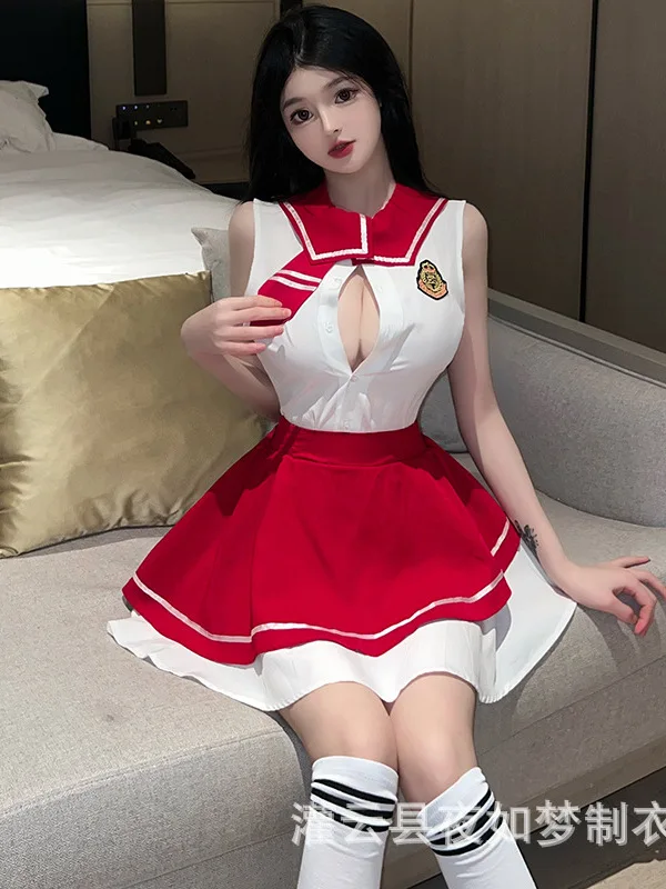 

Sexy Uniform Academy JK Campus Charm Sweet Cute Style Above Knee Stand Collar Women Skirt Set Sleeveless Elastic Waist AB4O