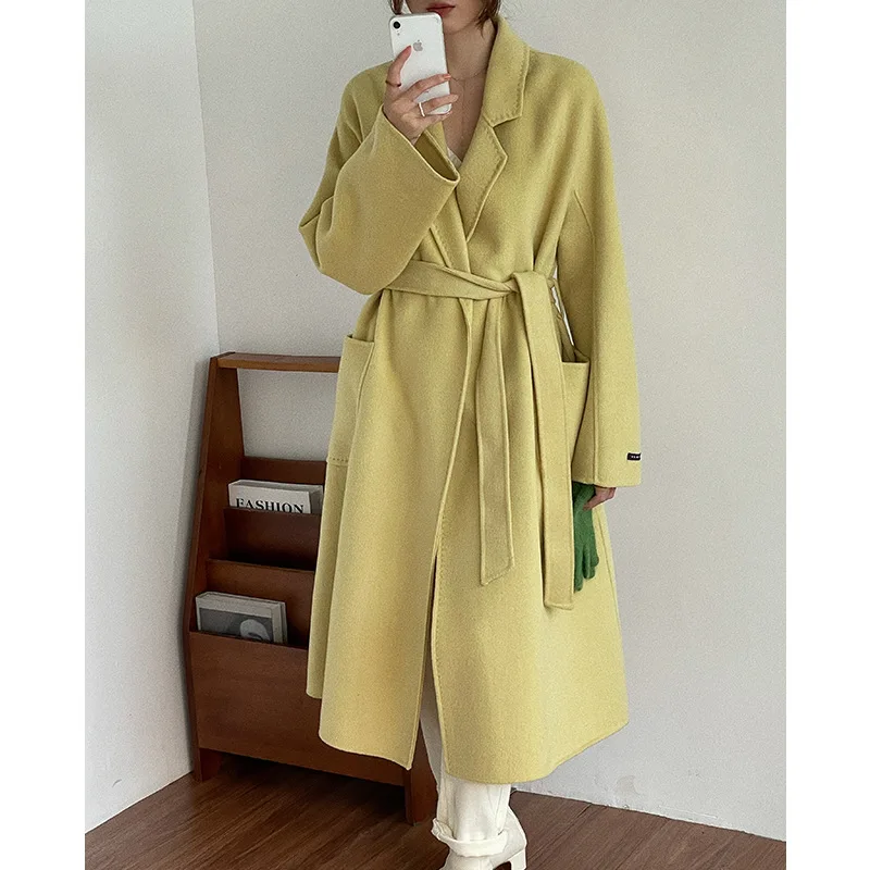 

Long Coats Women Belt Tops Female Casaco Double Sides Wool Coat Winter Woolen Overcoat Yellow Cashmere Clothes abrigos mujer