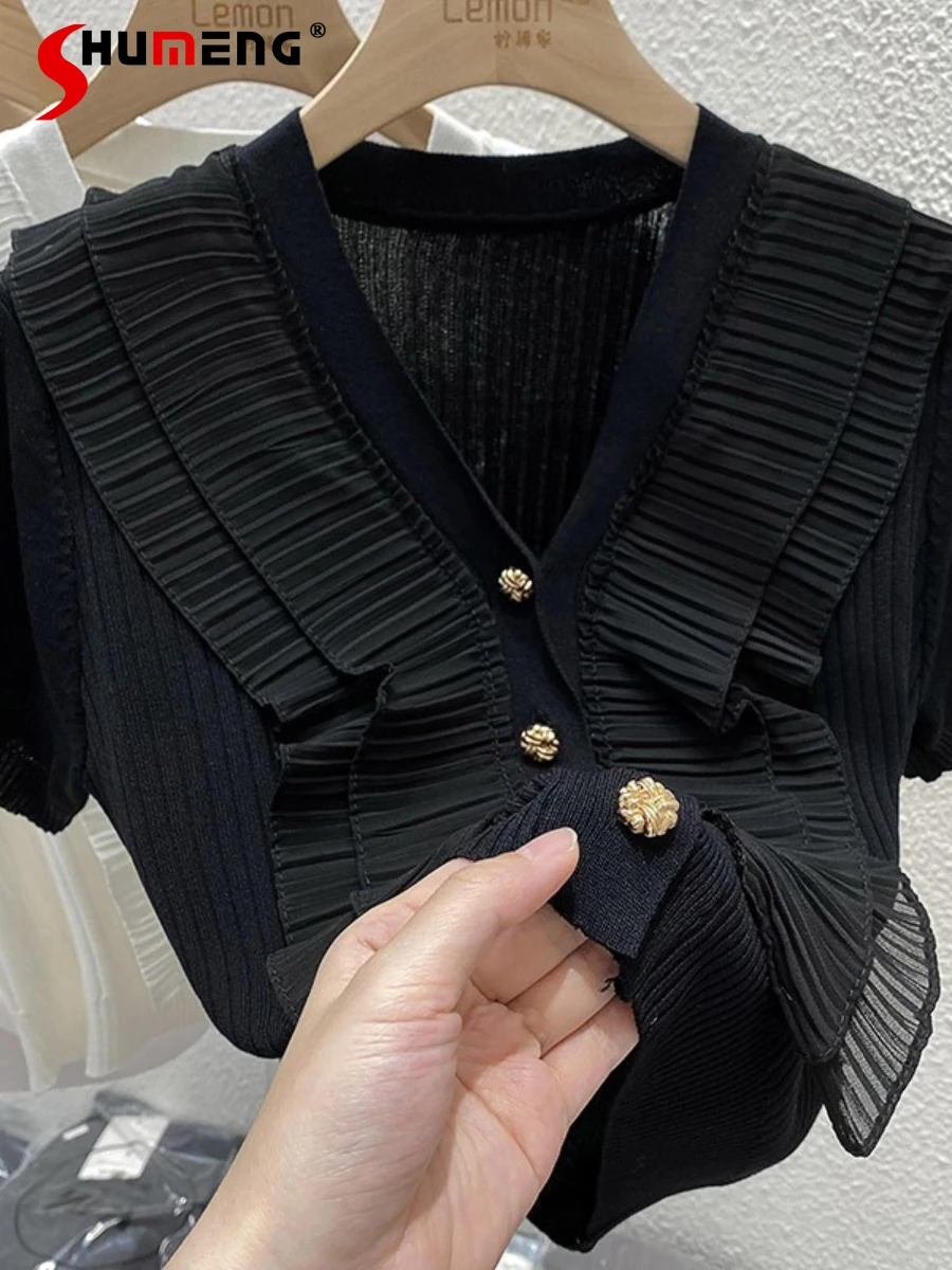 

Женская Летняя трикотажная шифоновая рубашка в западном стиле с коротким рукавом и V-образным вырезом