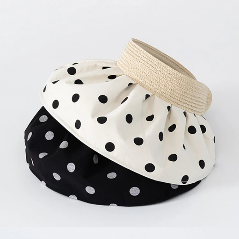 

Summer UV Protection Shell Sunshade Hat Polka Dots Foldable Wide Brim Bucket Caps Outdoor Beach Sunscreen Shell Hat For Women