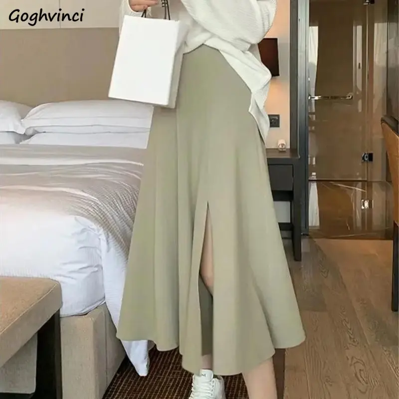 

Skirts Women Summer Design Side Slit Fashion Solid All-match Korean Style High Waist Simple Daily A-line Tender Faldas Midi New